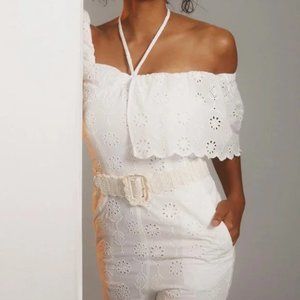 Anthropologie Maeve Athena White Eyelet Off Shoulder Scallop Jumpsuit